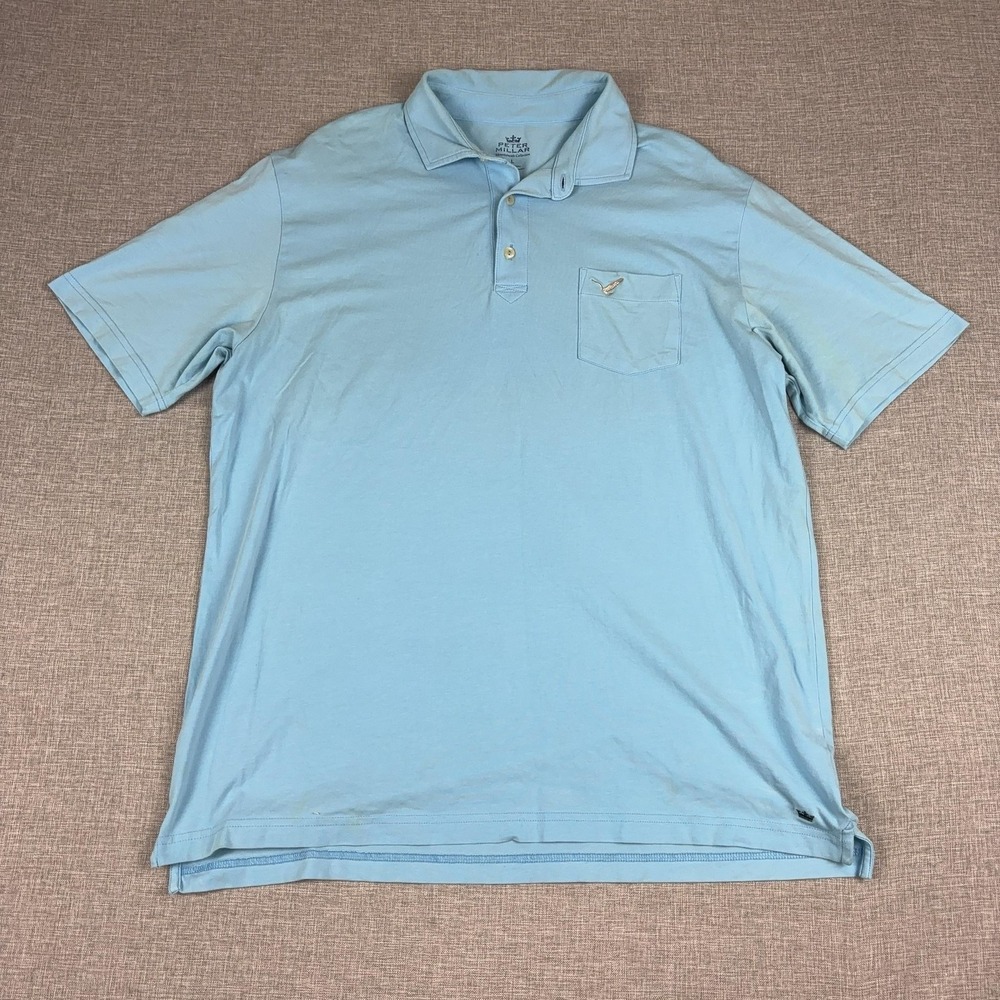 Peter Millar Polo Shirt Mens L Blue Mountainside Collection Pocket Short Sleeve